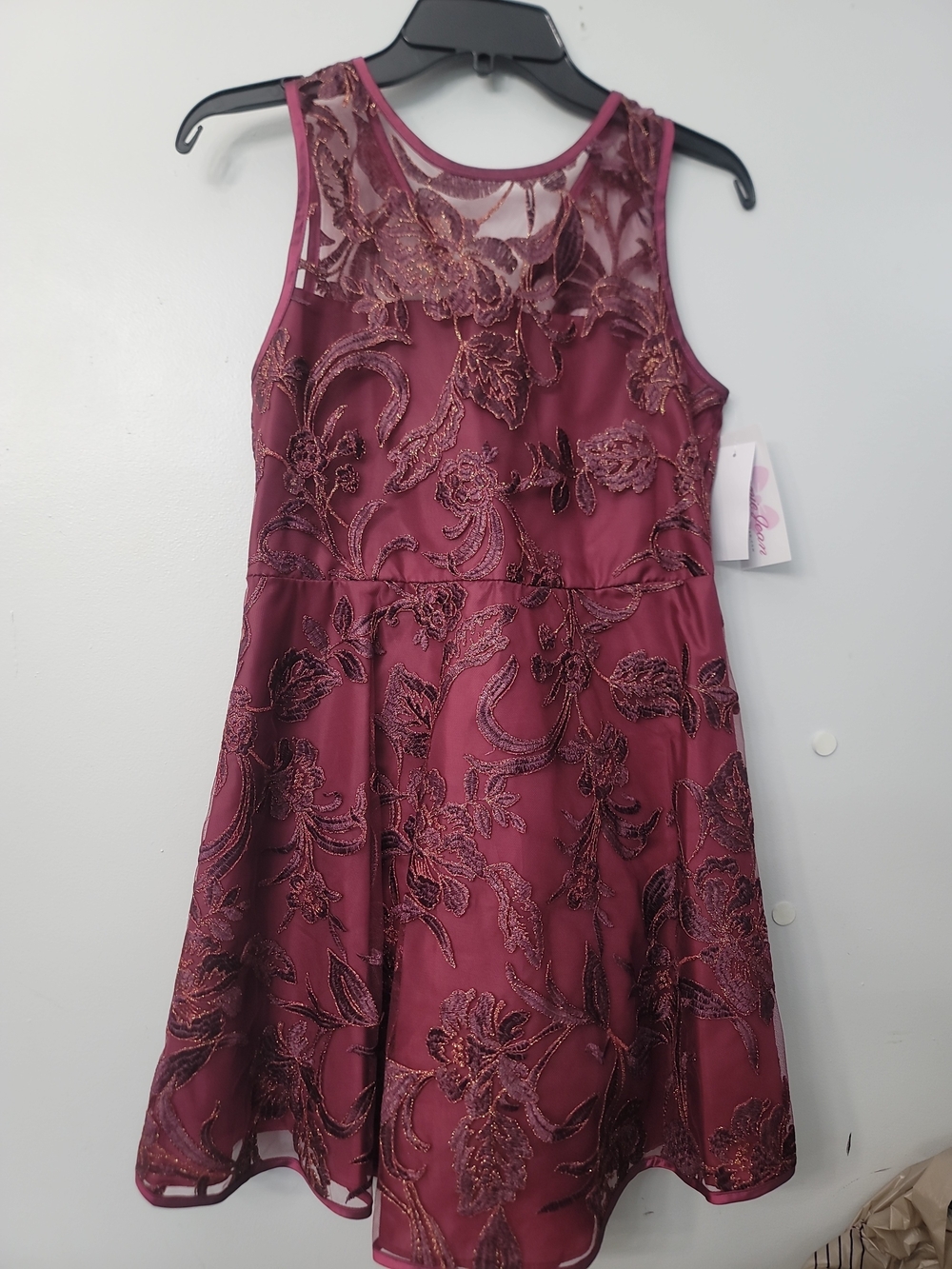 Bonnie Jean Burgundy Floral Glitter Mesh Party Dress